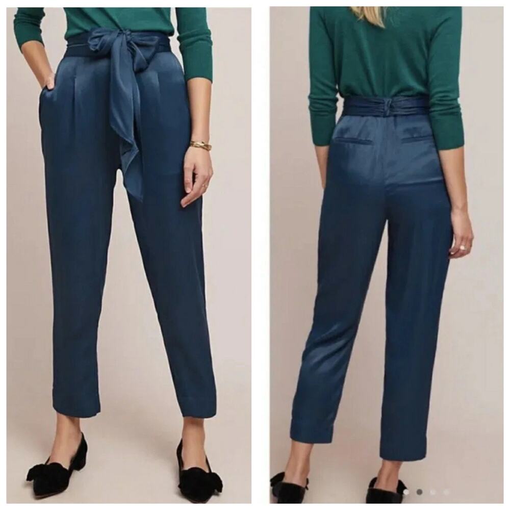 Anthropologie Blue Satin Tie Waist Trouser Pants Pockets Dressy US Size 4